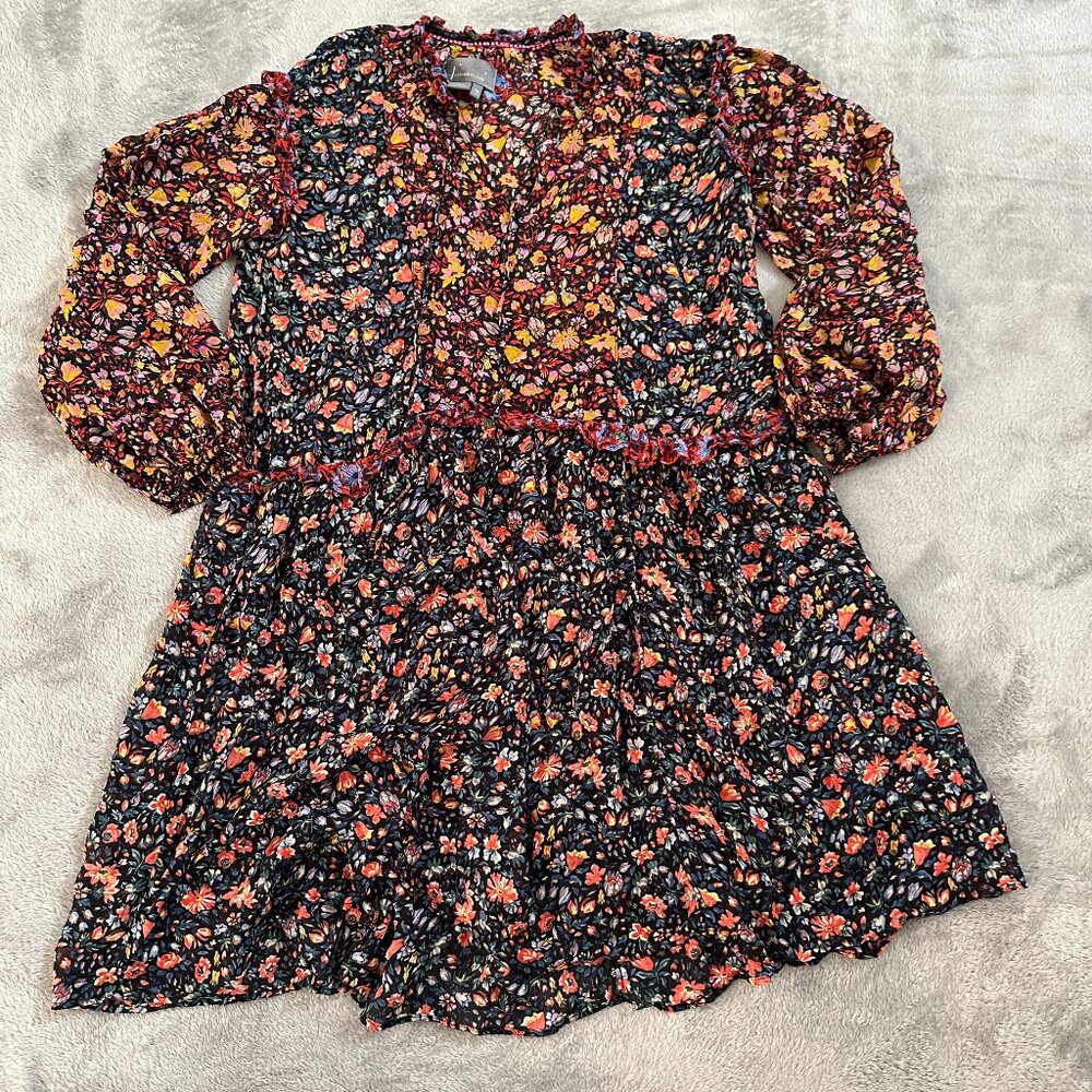 Anthropologie Helene Floral Mini Dress Tunic Black Women's XS *no slip